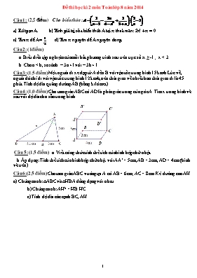 Đề thi học kì 2 môn Toán Lớp 8 năm 2014 (Có đáp án)